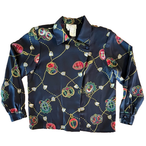Talbots Petite Silk-Like Blouse Navy Equestrian Chain Print 10P
